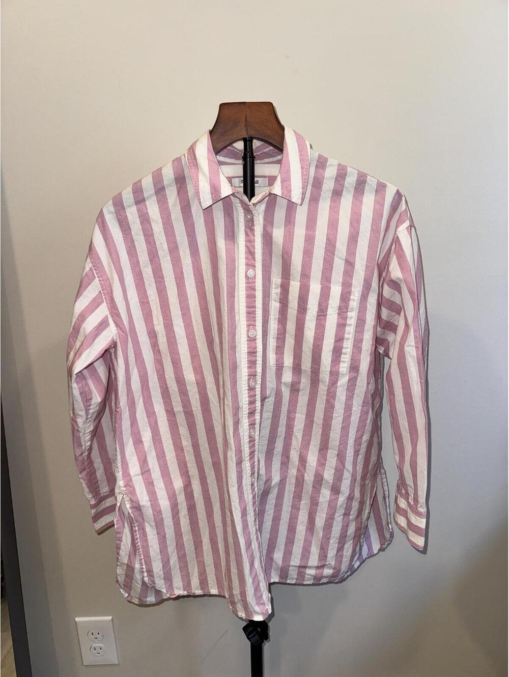 Madewell Pink White Stripe Button Up Shirt Coastal Preppy Oversized XXS